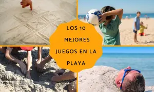Cuatro escenas de juegos en la playa: un gato y un perro dibujados en la arena, un niño con un balón, niños cavando en la arena y un hombre enterrado en la arena.