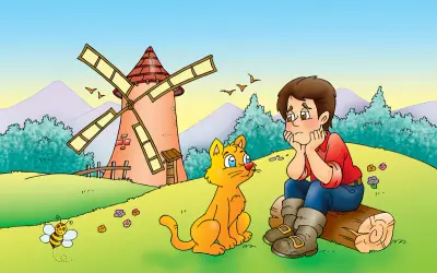 Un niño con botas y un gato naranja conversan cerca de un molino. Una abeja revolotea.