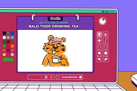 Un tigre calvo con una taza de té, dibujado en Gartic. ¡Qué divertido!