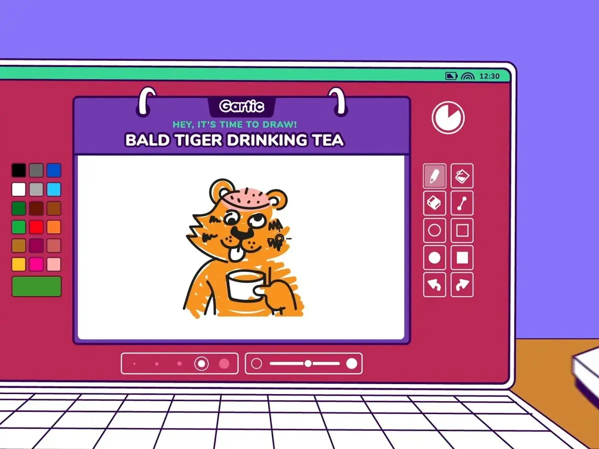 Un tigre calvo con una taza de té, dibujado en Gartic. ¡Qué divertido!