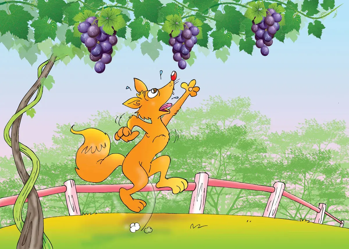 La zorra intenta alcanzar las uvas, pero están demasiado altas.