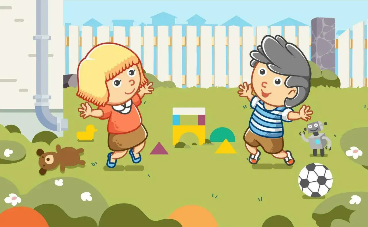 Ni&ntilde;os jugando en el jard&iacute;n con pelotas, un robot y bloques de construcci&oacute;n. &iexcl;Diversi&oacute;n garantizada con estos juegos con pelotas para ni&ntilde;os!