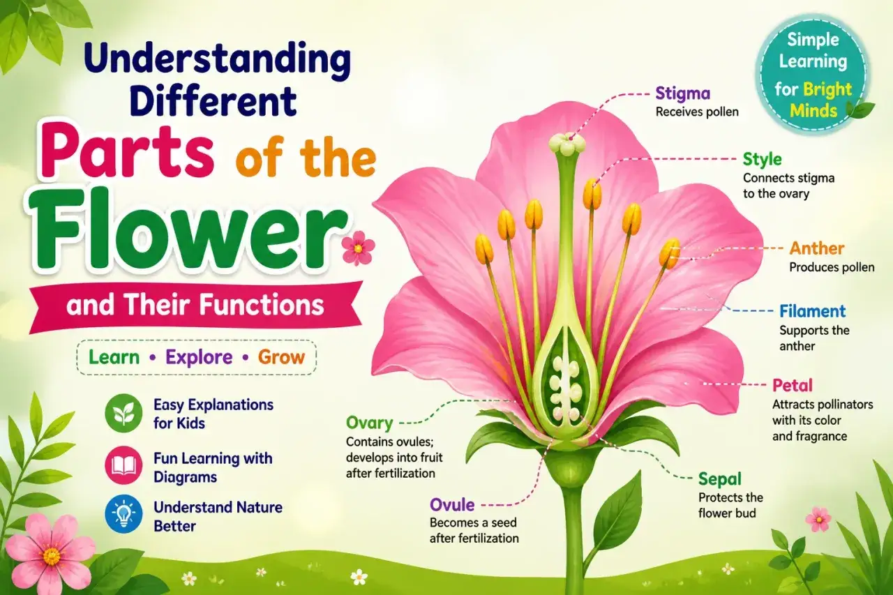Ilustraci&oacute;n did&aacute;ctica de las partes de la flor para ni&ntilde;os, mostrando estigma, estilo, antera, filamento, p&eacute;talo, ovario y &oacute;vulo.
