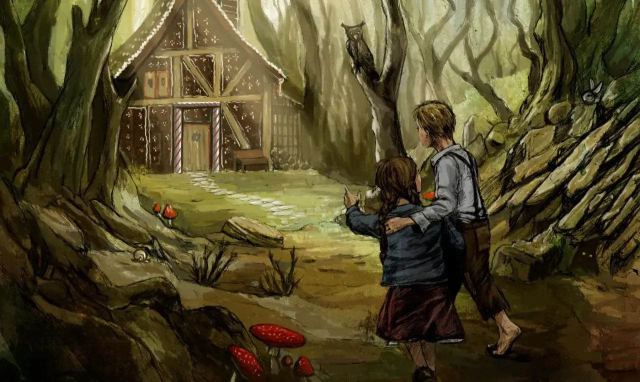 Hansel y Gretel, perdidos en el bosque, descubren una casa de dulces. Un búho los observa desde un árbol.