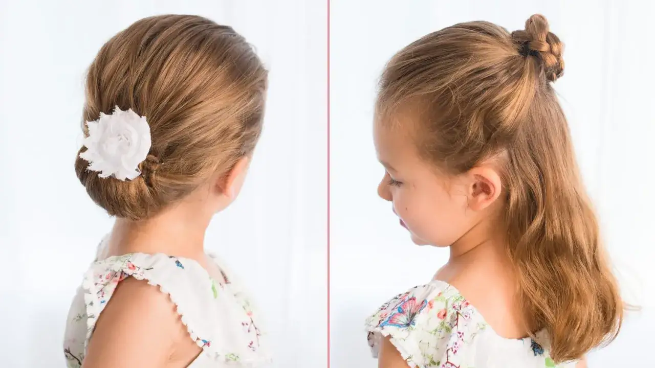 Dos peinados divertidos para ni&ntilde;os: un mo&ntilde;o bajo con flor blanca y una coleta alta trenzada.