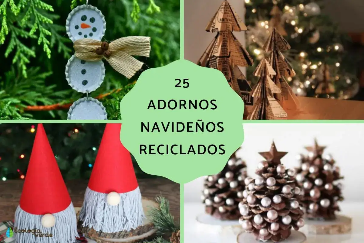 Adornos navide&ntilde;os reciclados: mu&ntilde;eco de nieve con tapas, &aacute;rboles de peri&oacute;dico, gnomos y pi&ntilde;as decoradas.