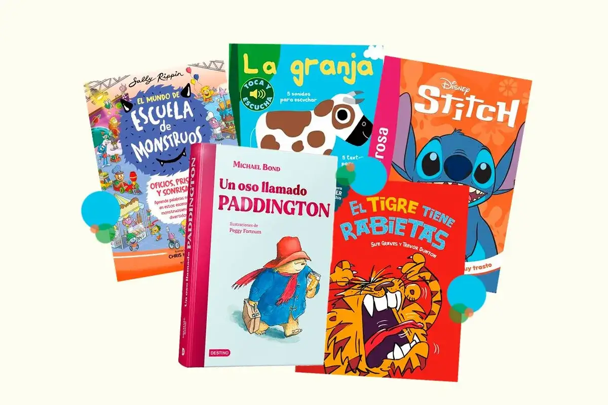 Variedad de tipos de libros para niños: monstruos, granja, Stitch, Paddington y un tigre enfadado.