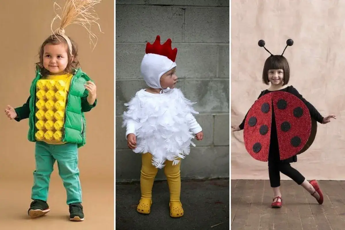 Niños con disfraces creativos hechos con cosas de casa: un niño como mazorca de maíz, otro como pollito y una niña como mariquita.