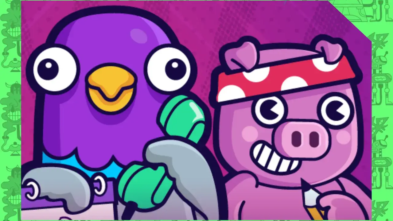Un cerdo con bandana y un pájaro morado juegan Gartic Phone. El cerdo dibuja con un lápiz, el pájaro habla por teléfono.