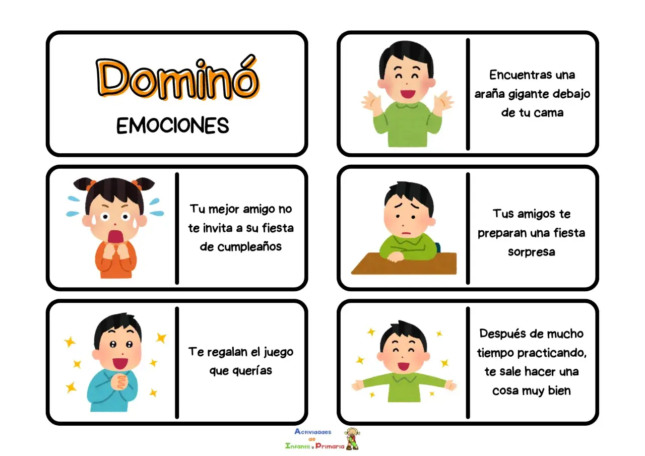 Juego de las emociones para imprimir. Dominó con ilustraciones de niños expresando sorpresa, miedo, alegría y decepción ante situaciones cotidianas.